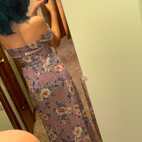 purple floral floor length off the shoulder dress with shorts - Picture 2 of 4